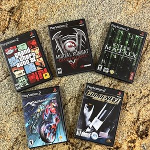 5 PS2 games Golden Eye, Matrix, Mortal Kombat, Grand Theft Auto, Kinetics